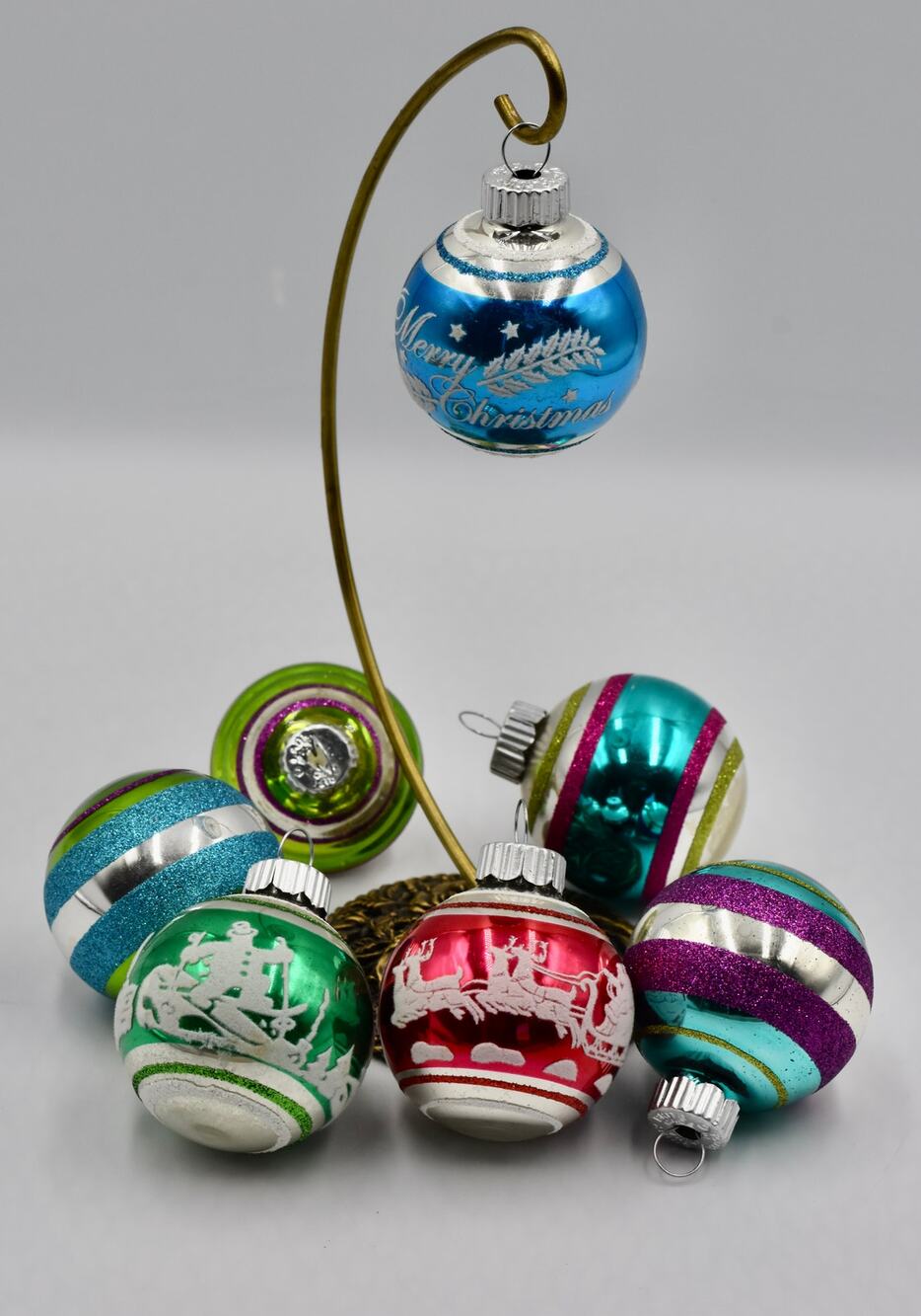 Radko Shiny Brite Flocked Stencil Glass Ball Christmas Tree Ornament Set